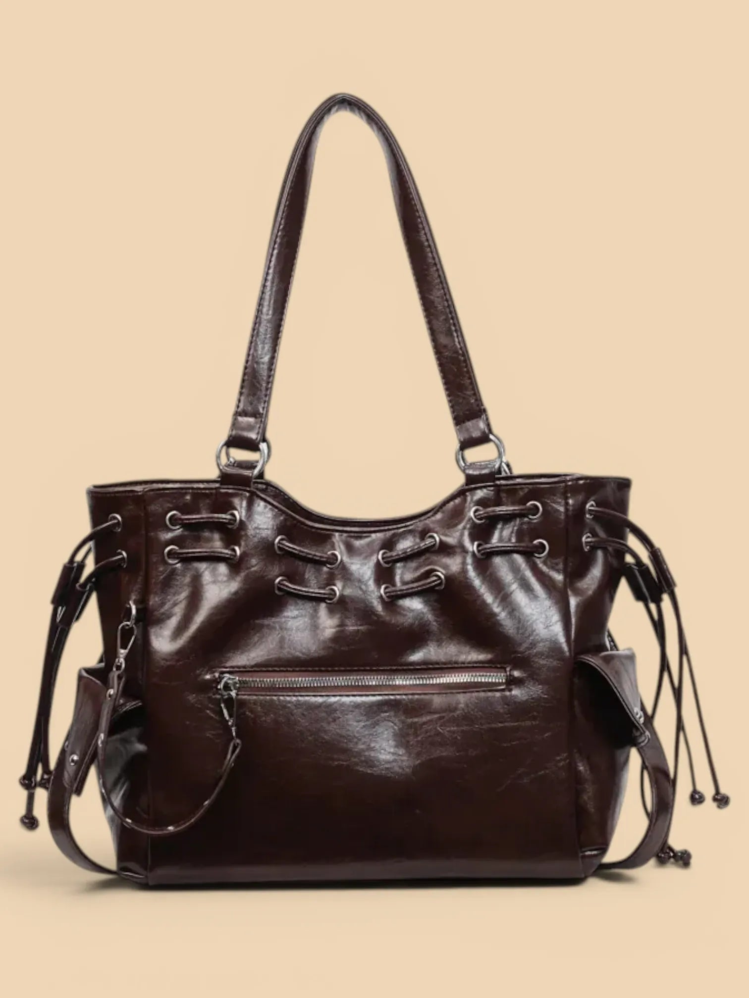 Sac Cuir Vegan Lacets Œillets Style Rock Femme Marron