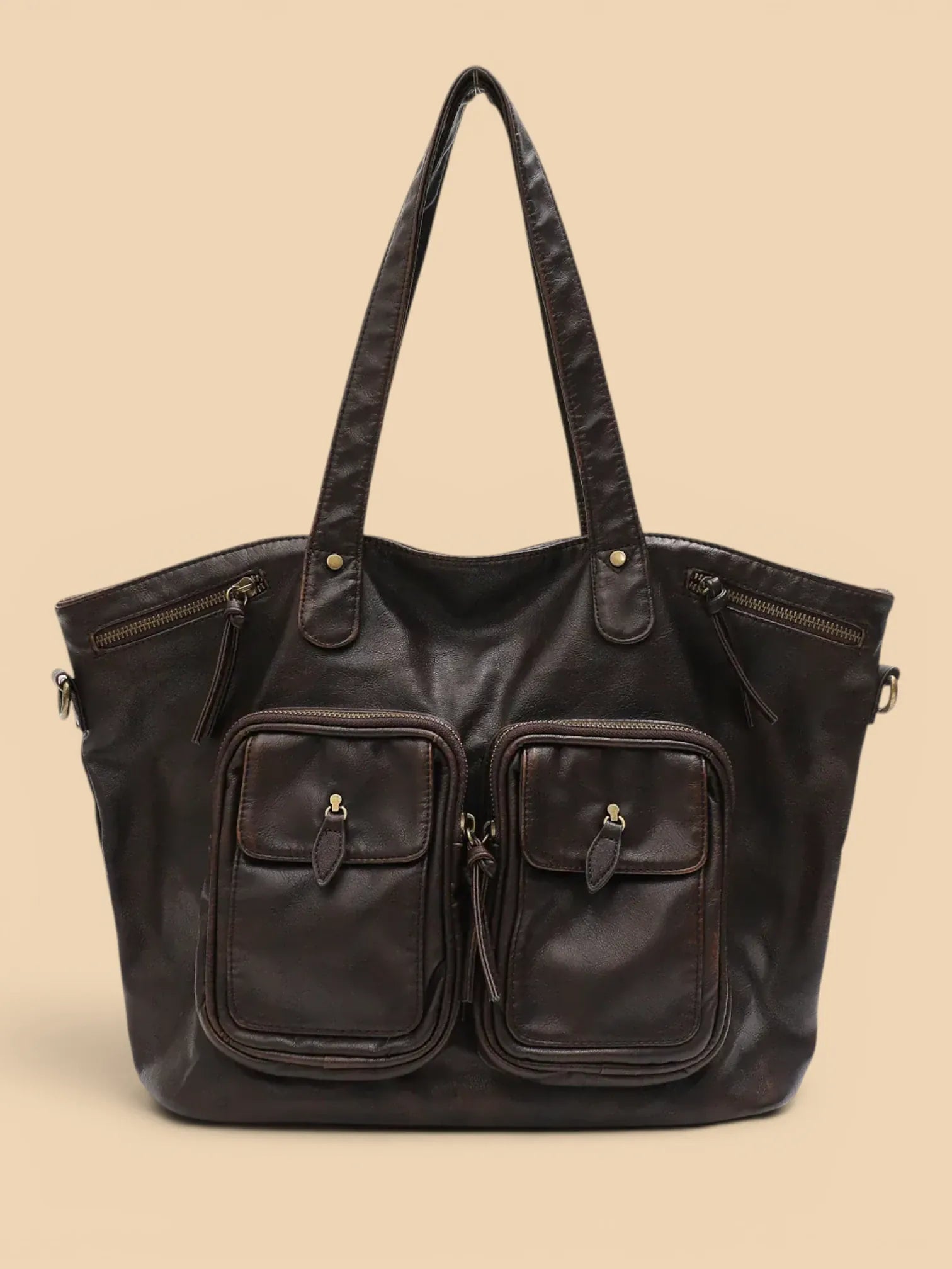 Sac Cuir Vegan Lavé Multi-Poches Femme Café