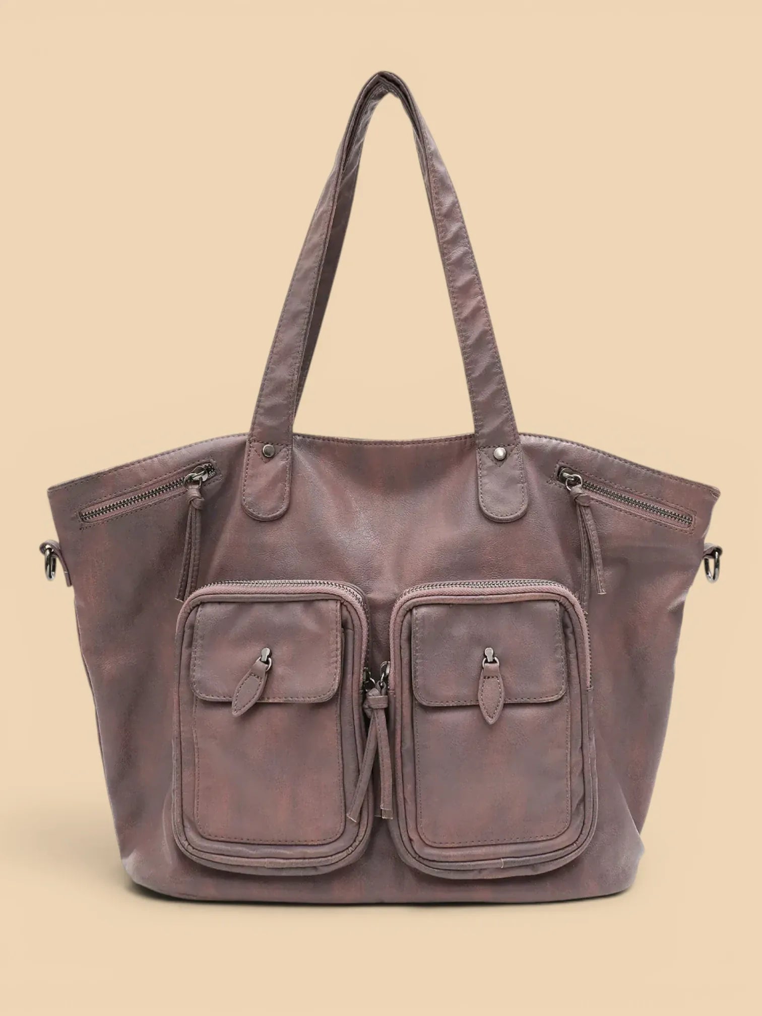 Sac Cuir Vegan Lavé Multi-Poches Femme Khaki