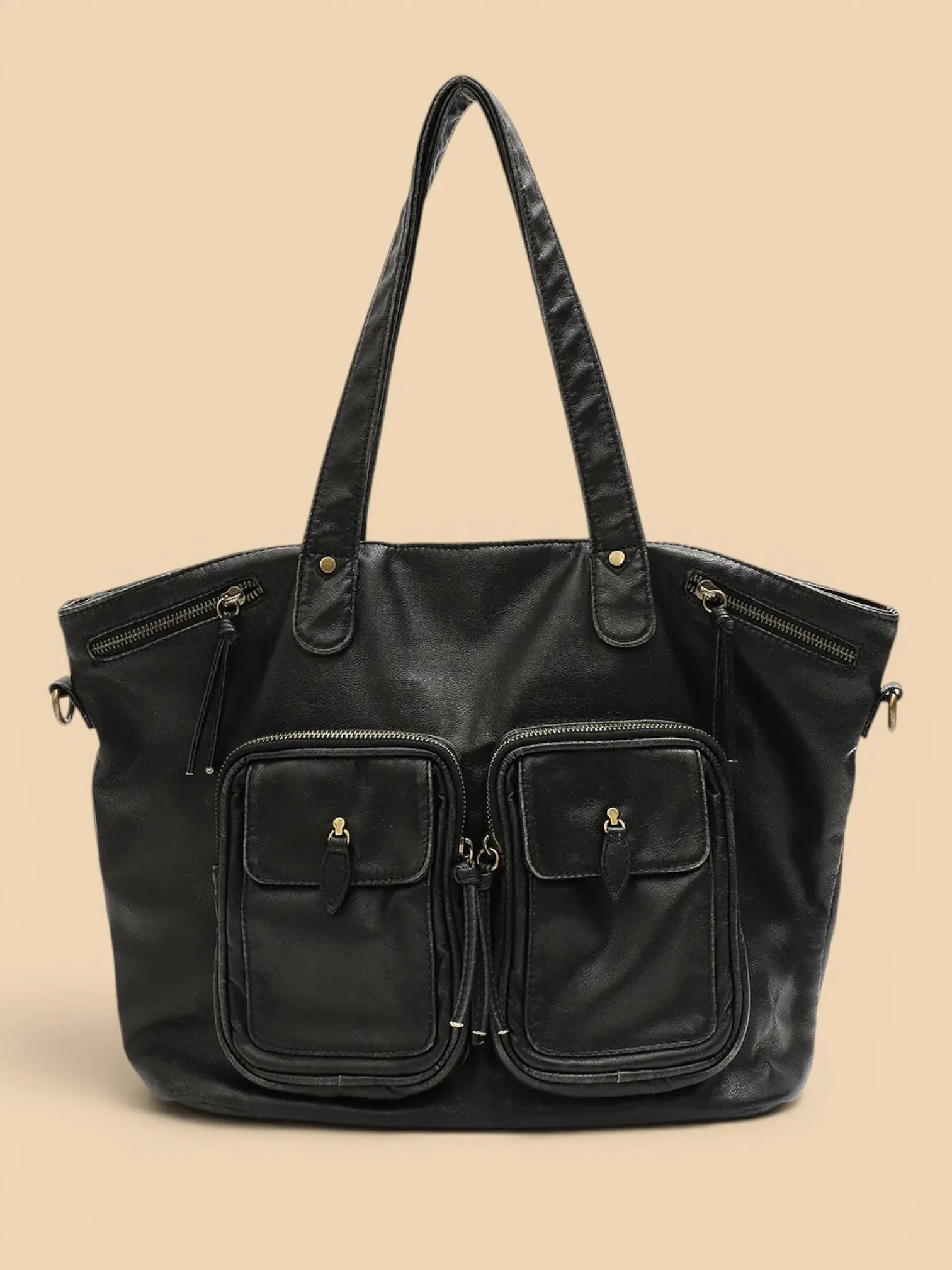 Sac Cuir Vegan Lavé Multi-Poches Femme Noir