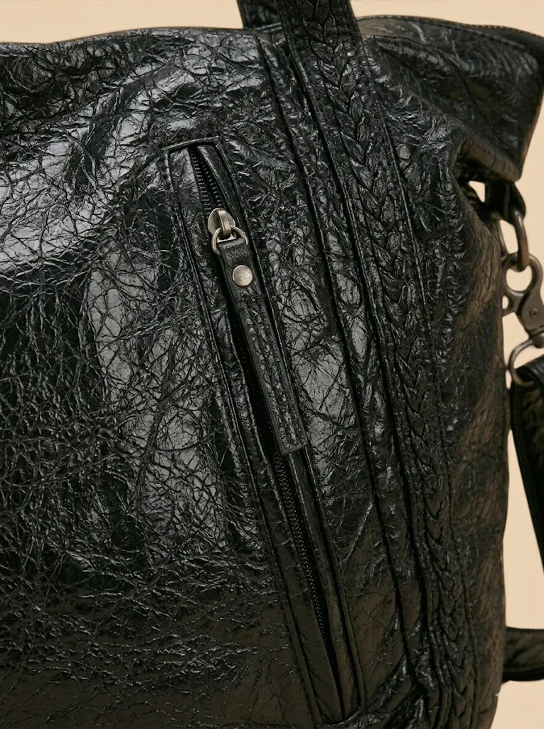 Sac Cuir Vegan Souple Tressé Grande Capacité Noir