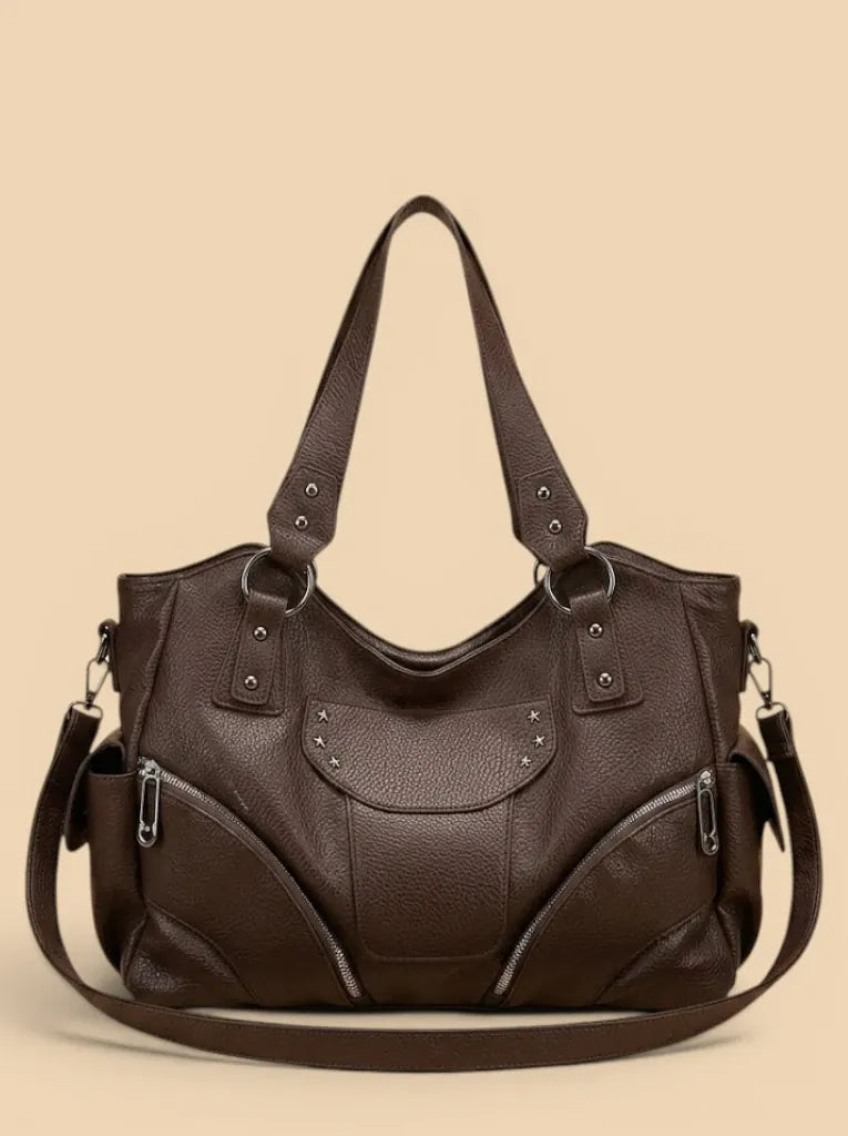 Sac de cours cuir souple poches femme Café
