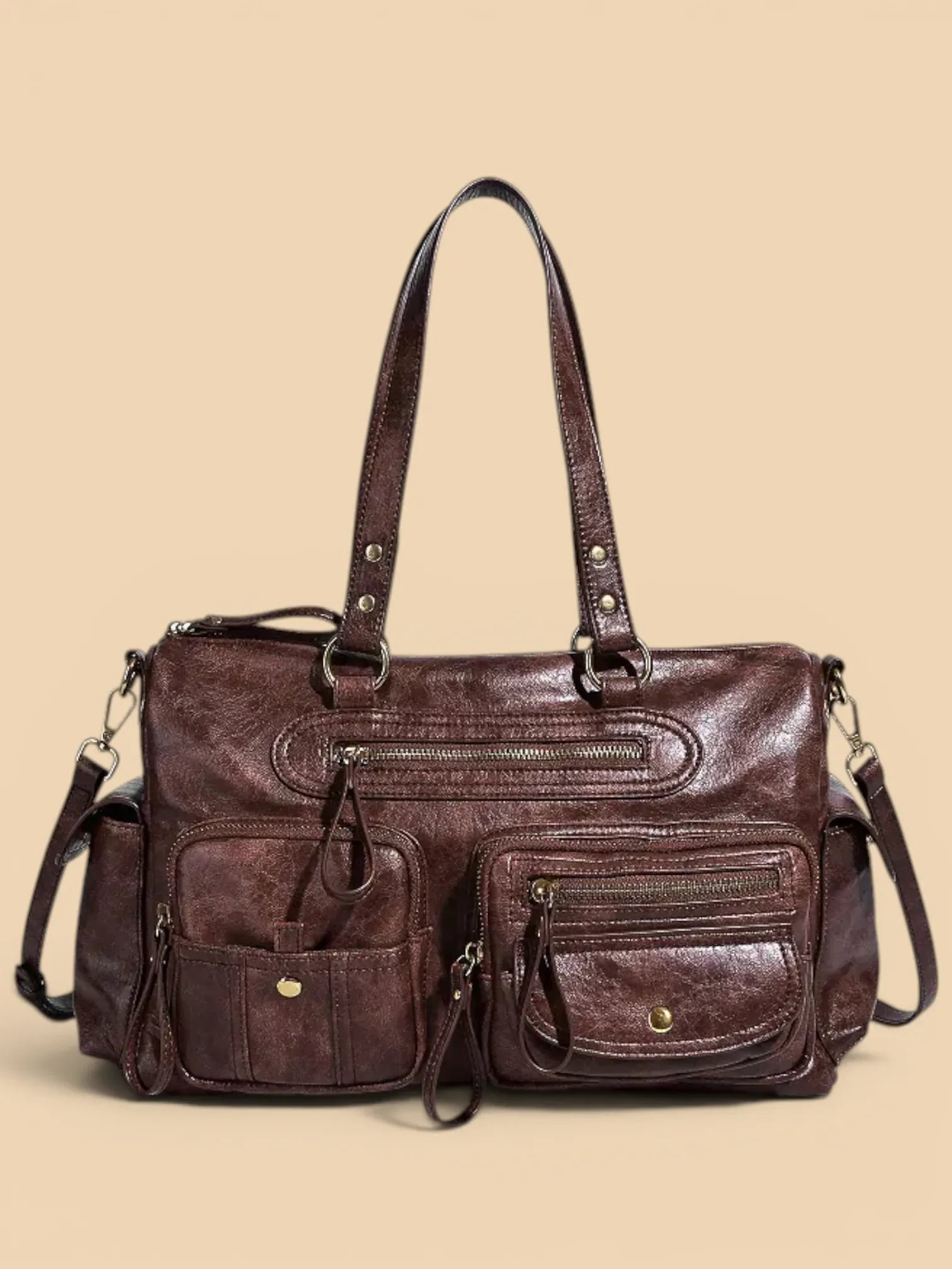 Sac de Cours Cuir Vegan Lavé Multi-Poches Femme Café