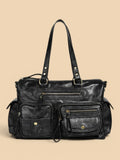Sac de Cours Cuir Vegan Lavé Multi-Poches Femme Noir