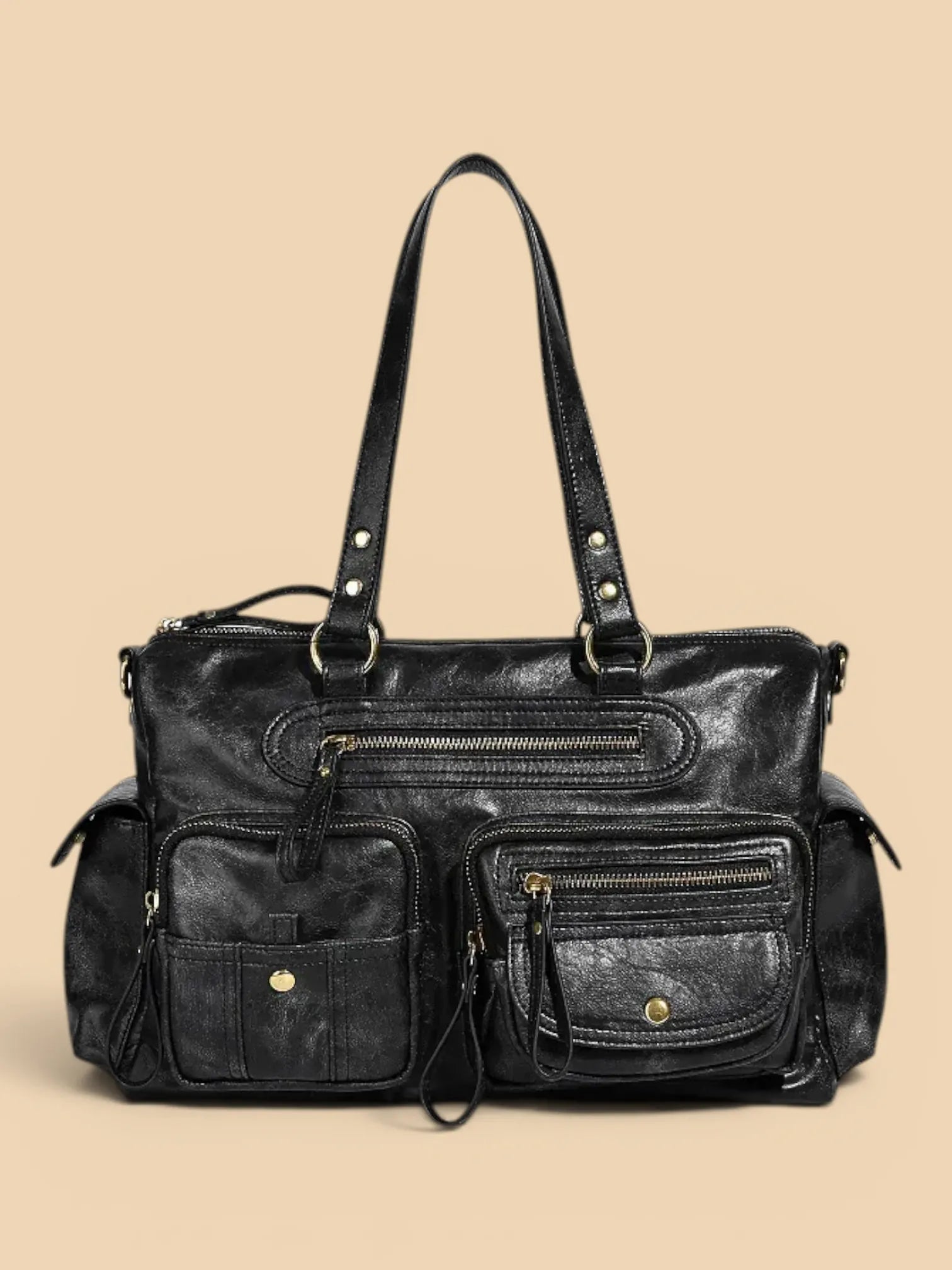 Sac de Cours Cuir Vegan Lavé Multi-Poches Femme Noir