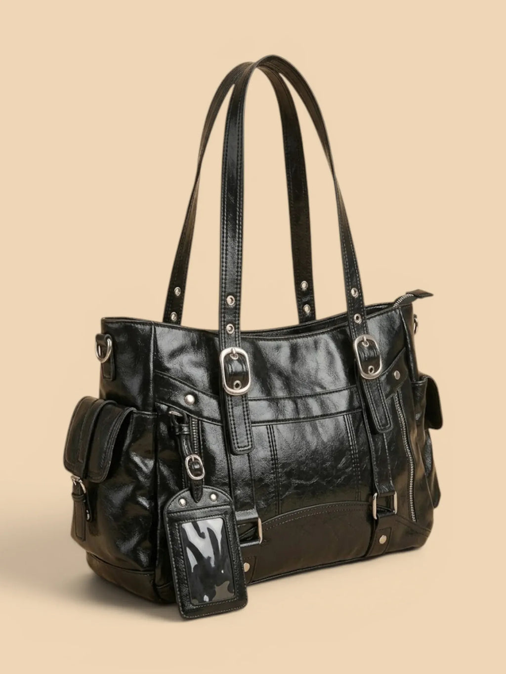 Sac de Cours Cuir Verni Style Y2K Femme Noir