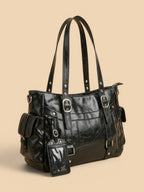 Sac de Cours Cuir Verni Style Y2K Femme Noir