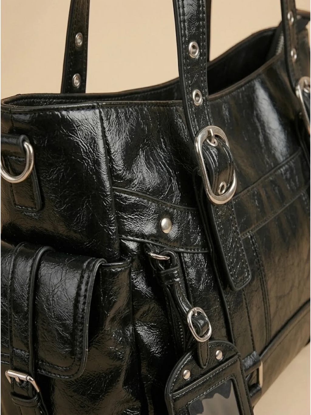 Sac de Cours Cuir Verni Style Y2K Femme Noir