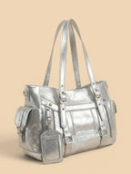 Sac de Cours Cuir Verni Argenté Style Y2K Femme