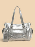 Sac de Cours Cuir Verni Argenté Style Y2K Femme Argent