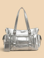 Sac de Cours Cuir Verni Argenté Style Y2K Femme Argent