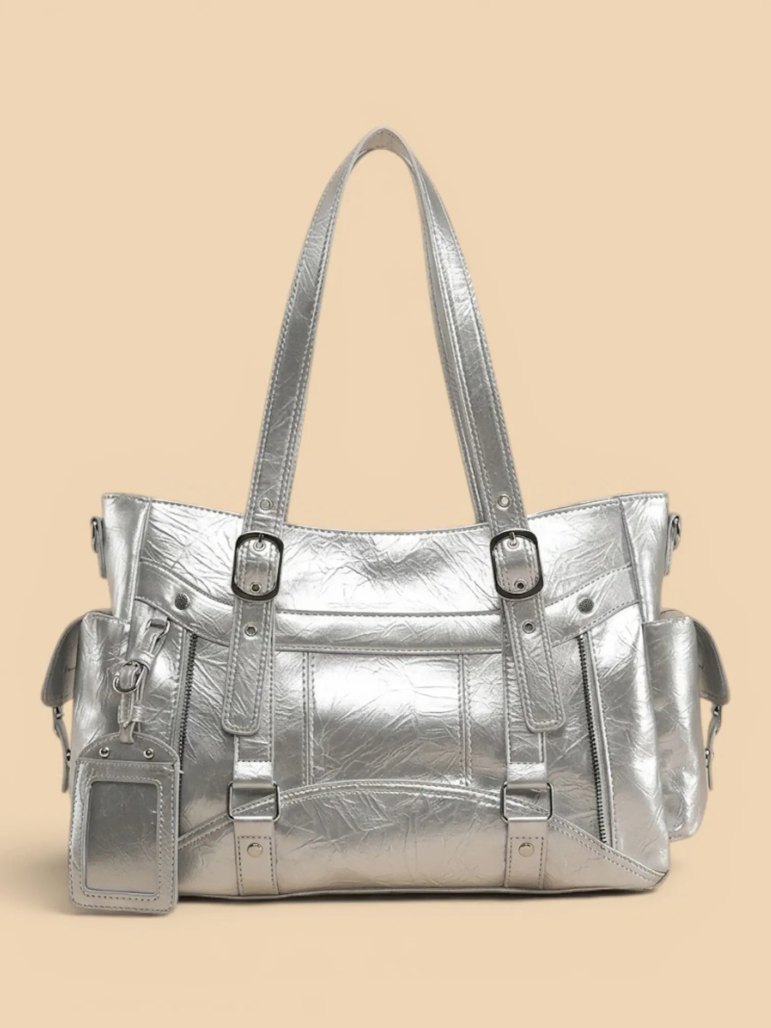 Sac de Cours Cuir Verni Argenté Style Y2K Femme Argent