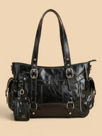 Sac de Cours Cuir Verni Style Y2K Femme Noir