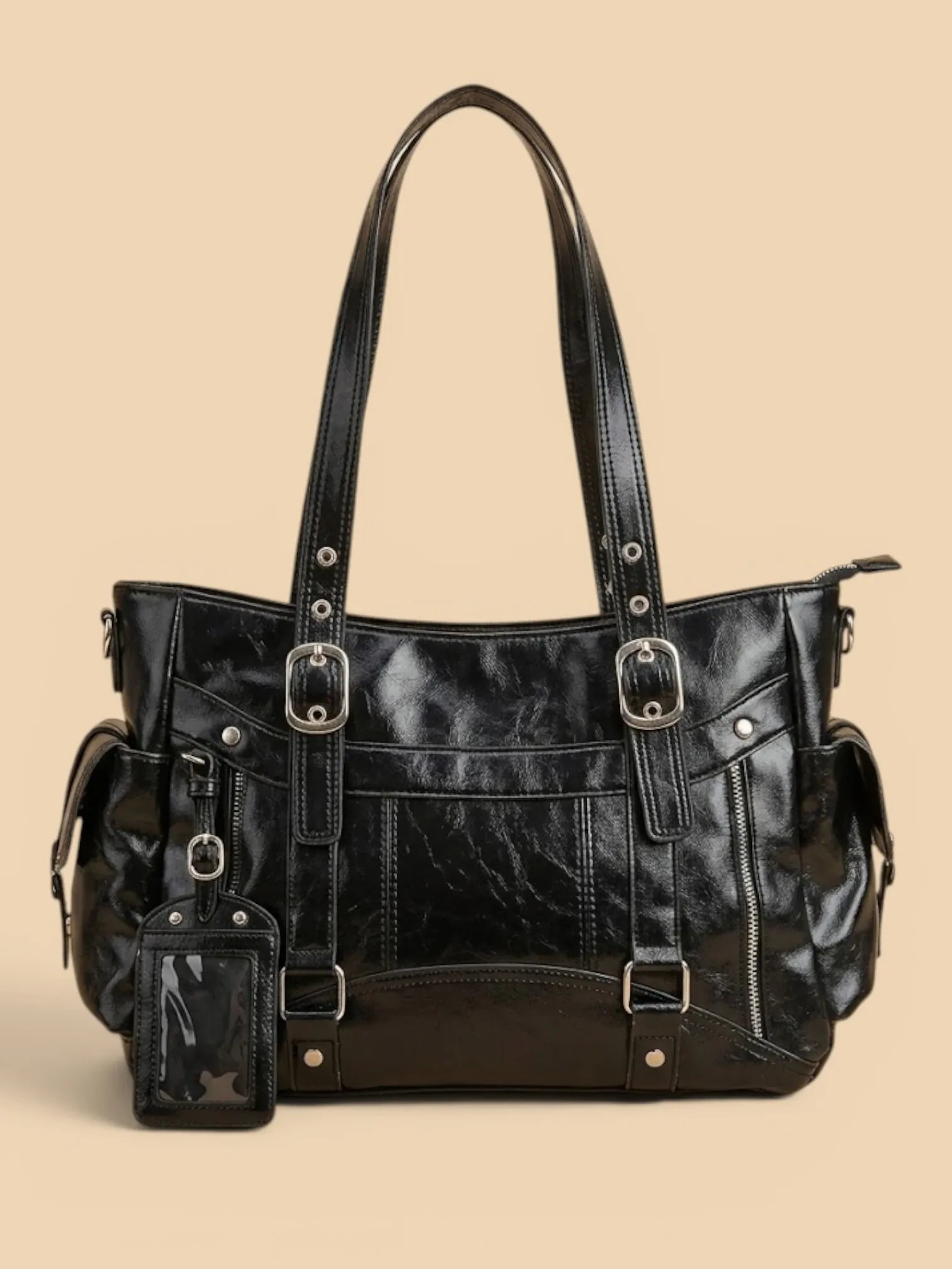 Sac de Cours Cuir Verni Style Y2K Femme Noir