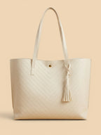 Sac de Cours Femme Cabas Cuir Vegan Motif Chevron Pompon Blanc