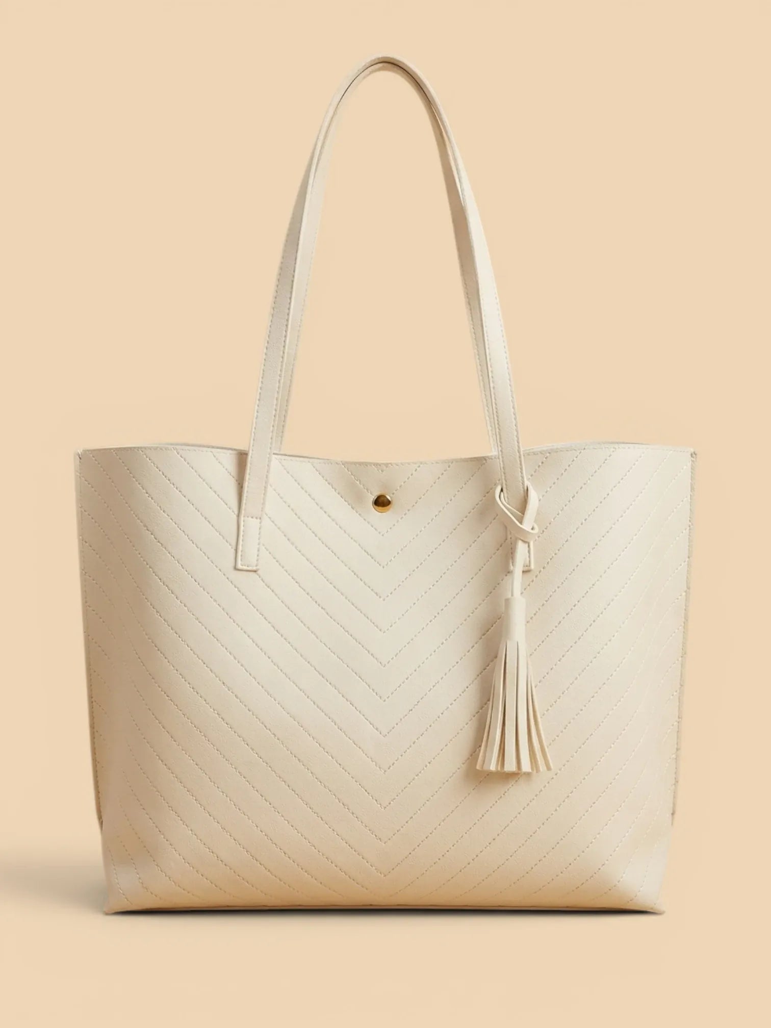 Sac de Cours Femme Cabas Cuir Vegan Motif Chevron Pompon Blanc