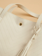 Sac de Cours Femme Cabas Cuir Vegan Motif Chevron Pompon Blanc