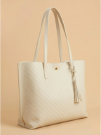 Sac de Cours Femme Cabas Cuir Vegan Motif Chevron Pompon Blanc