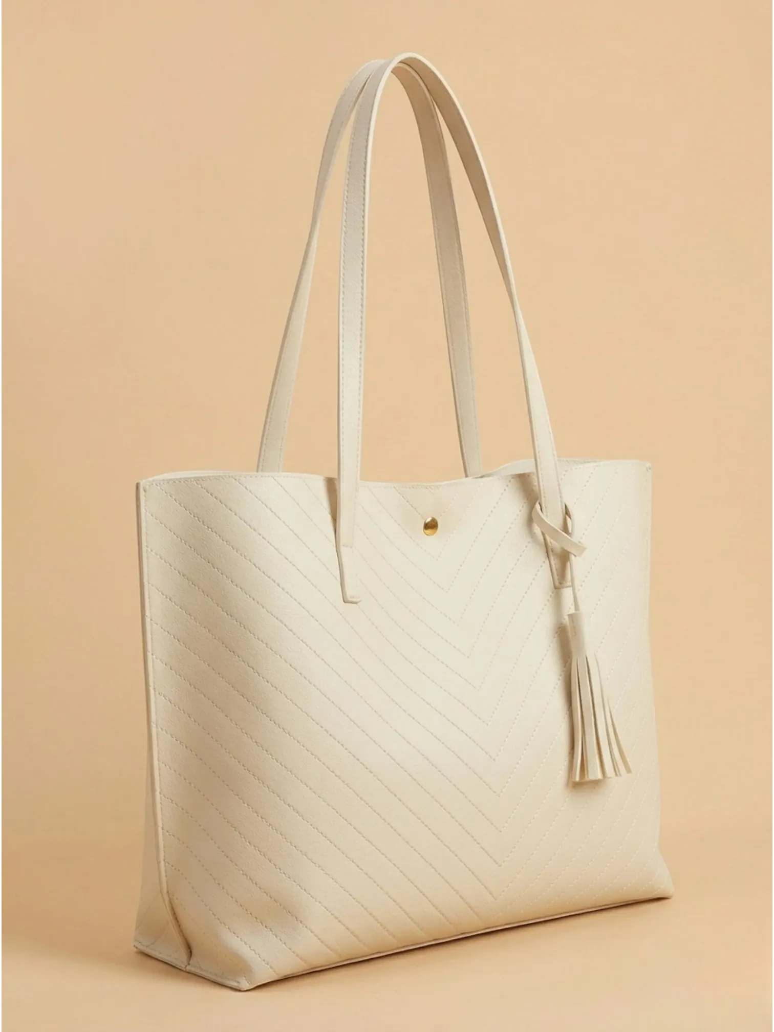 Sac de Cours Femme Cabas Cuir Vegan Motif Chevron Pompon Blanc