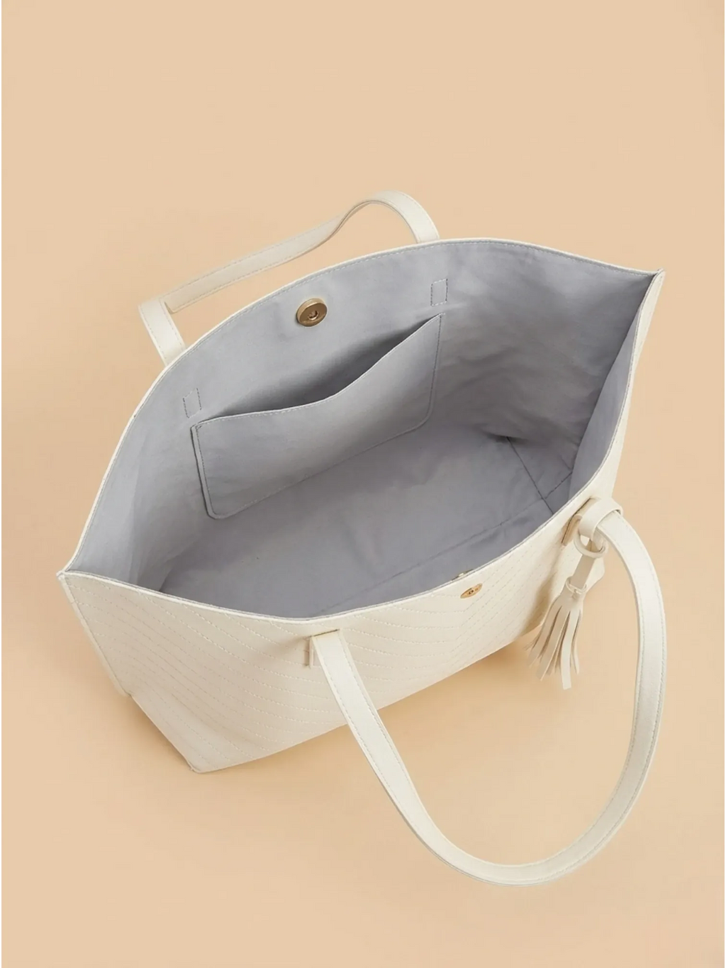 Sac de Cours Femme Cabas Cuir Vegan Motif Chevron Pompon Blanc