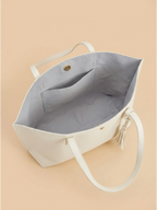 Sac de Cours Femme Cabas Cuir Vegan Motif Chevron Pompon Blanc