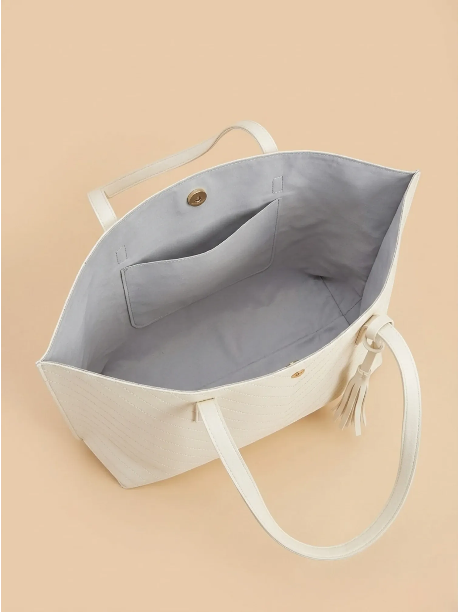 Sac de Cours Femme Cabas Cuir Vegan Motif Chevron Pompon Blanc