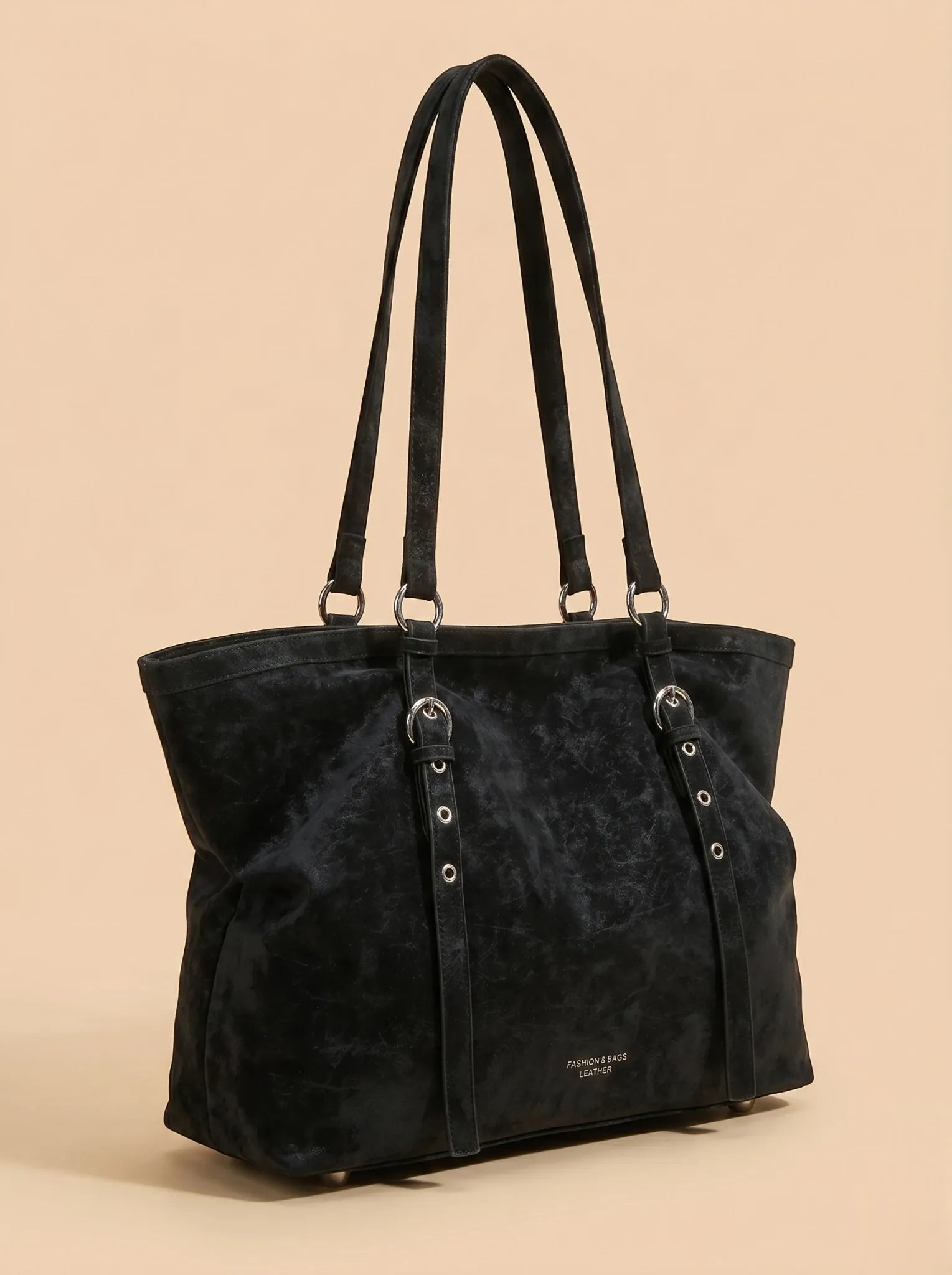 Sac de Cours Femme Cabas Suédine Vintage Sangles Noir