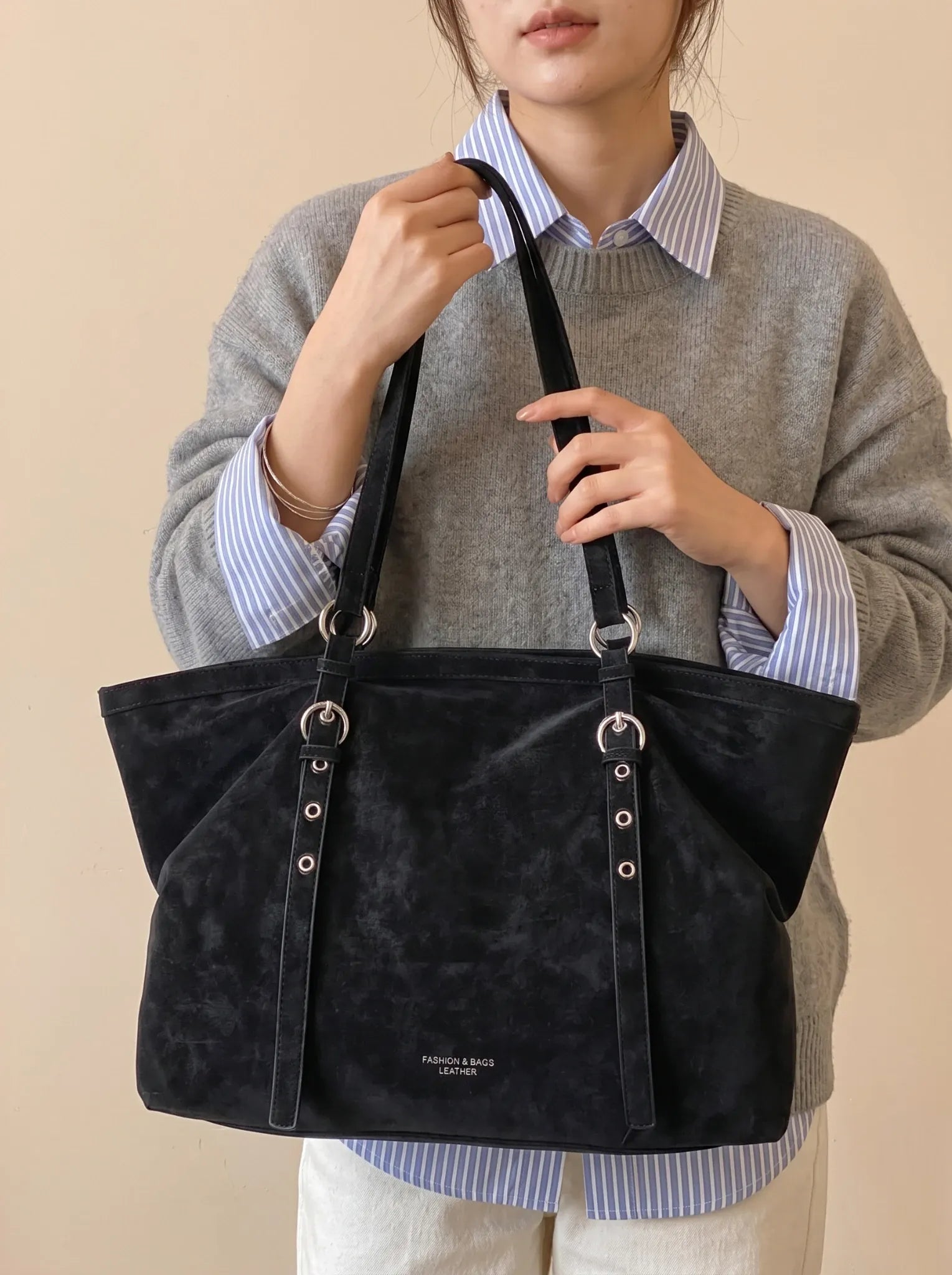 Sac de Cours Femme Cabas Suédine Vintage Sangles Noir