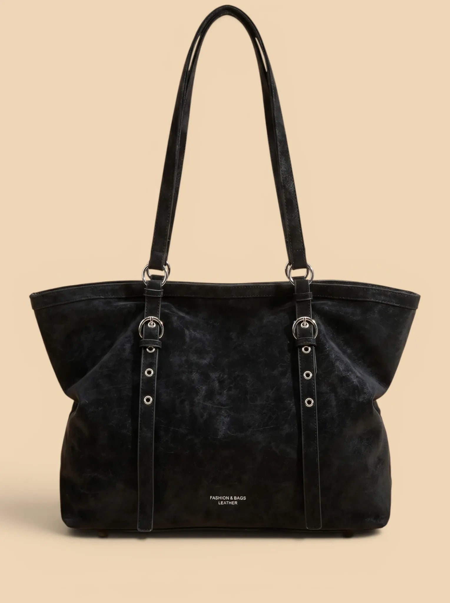 Sac de Cours Femme Cabas Suédine Vintage Sangles Noir