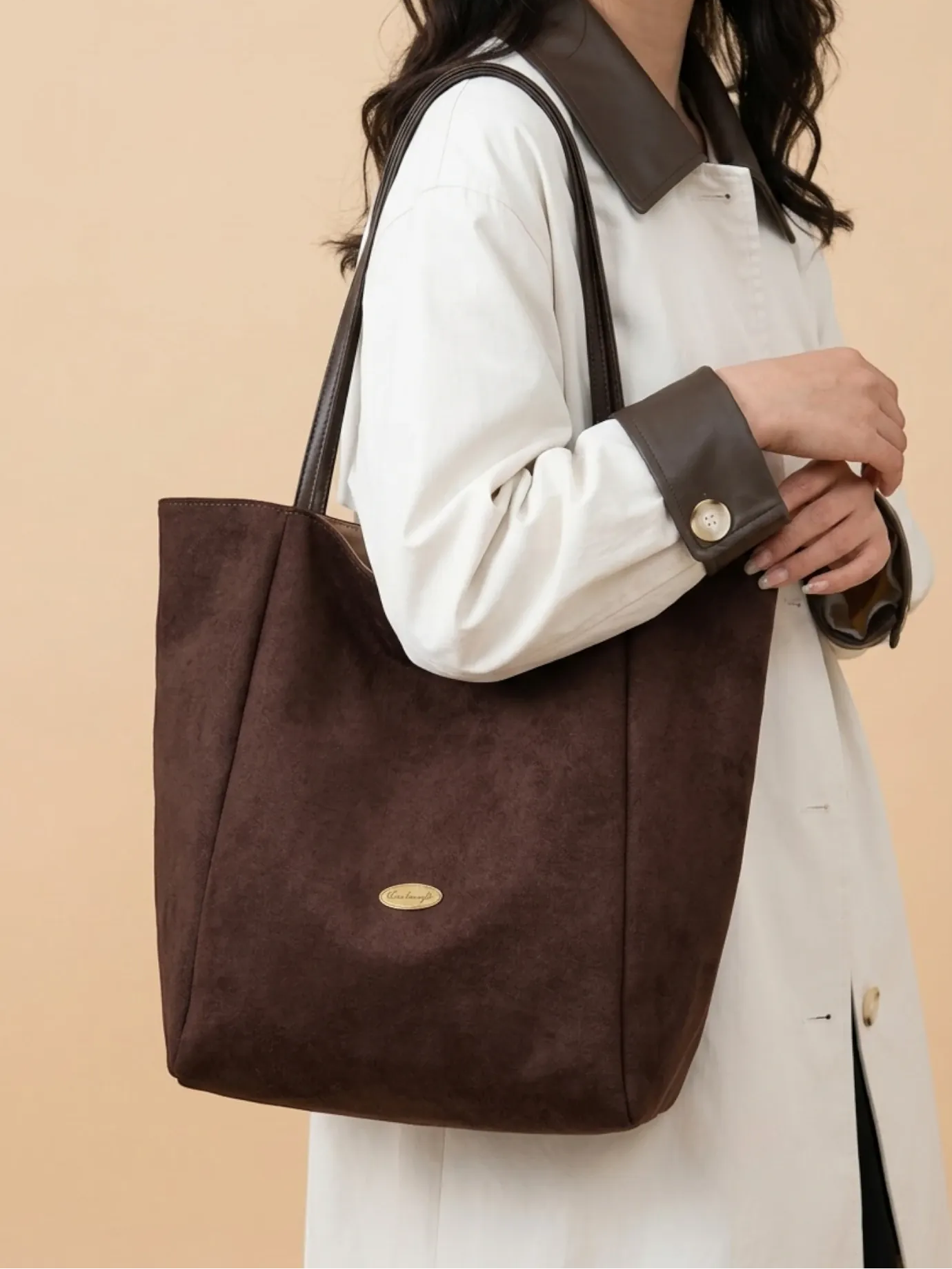 Sac de Cours Femme Grand Cabas Suédine Daim Synthétique Café