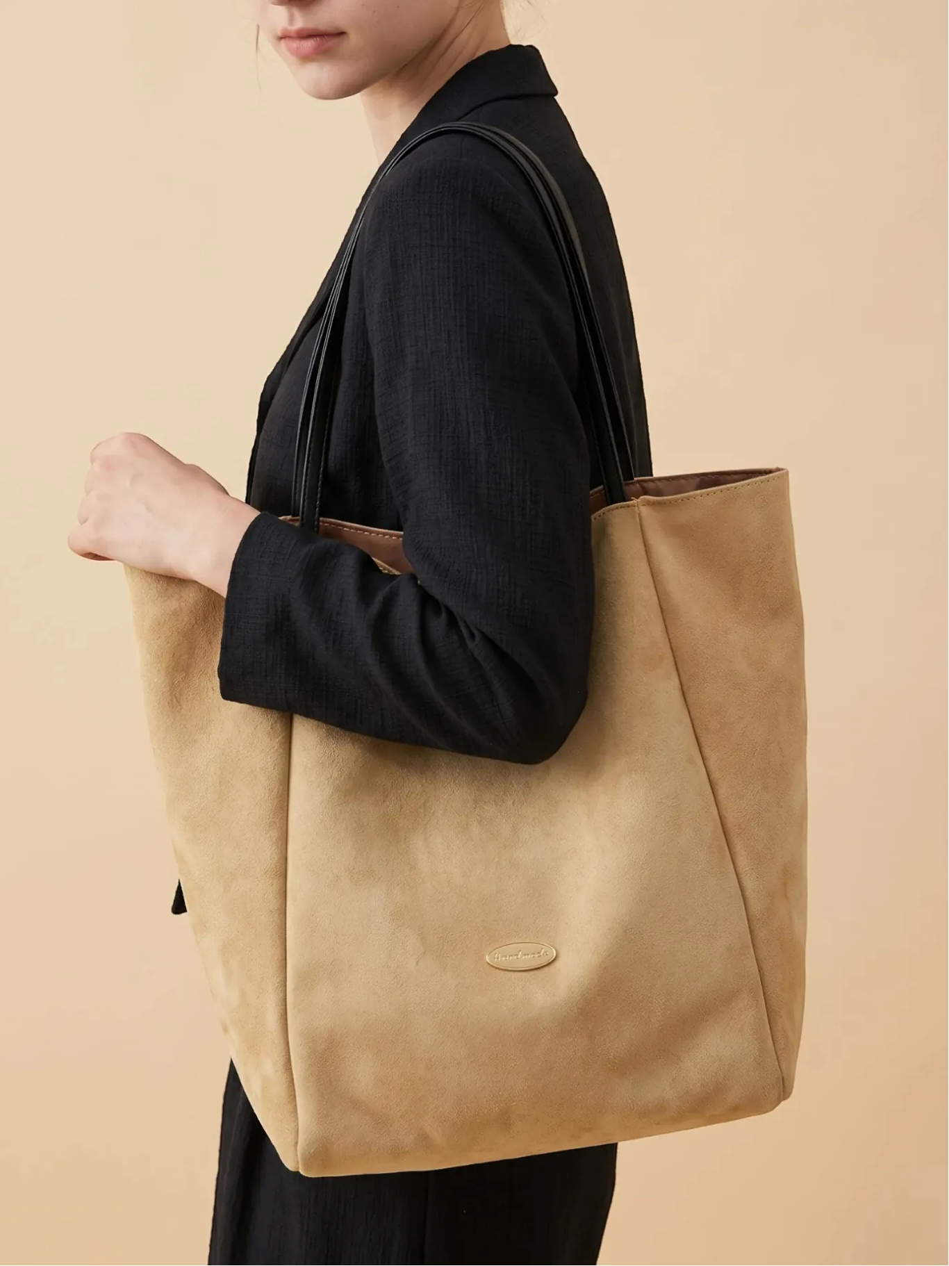 Sac de Cours Femme Grand Cabas Suédine Daim Synthétique Khaki