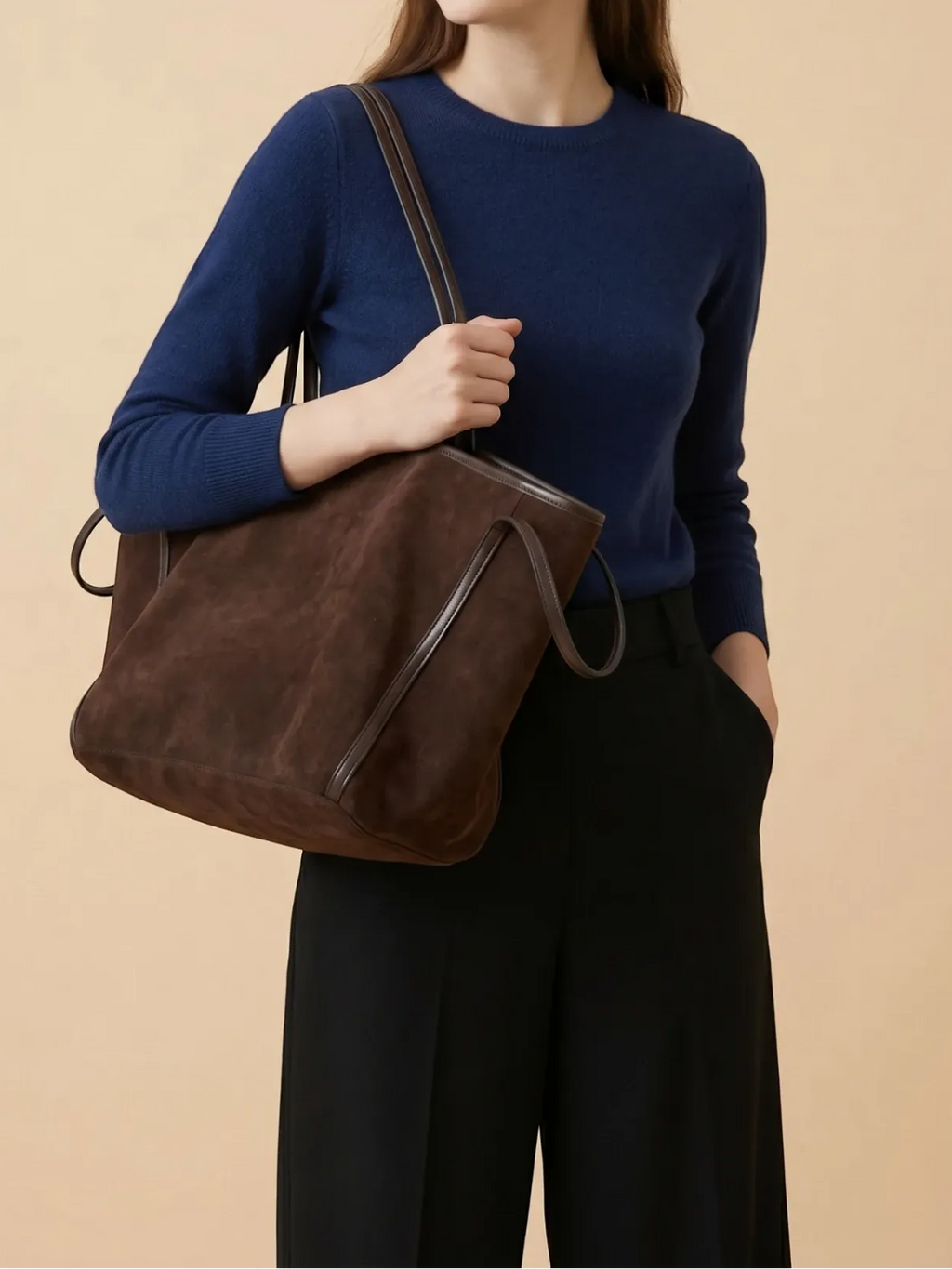 Sac de Cours Femme Maxi Cabas Suédine Oversize Café