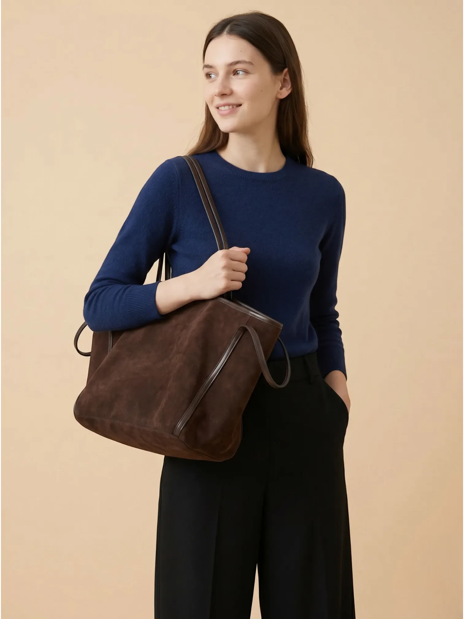 Sac de Cours Femme Maxi Cabas Suédine Oversize Café