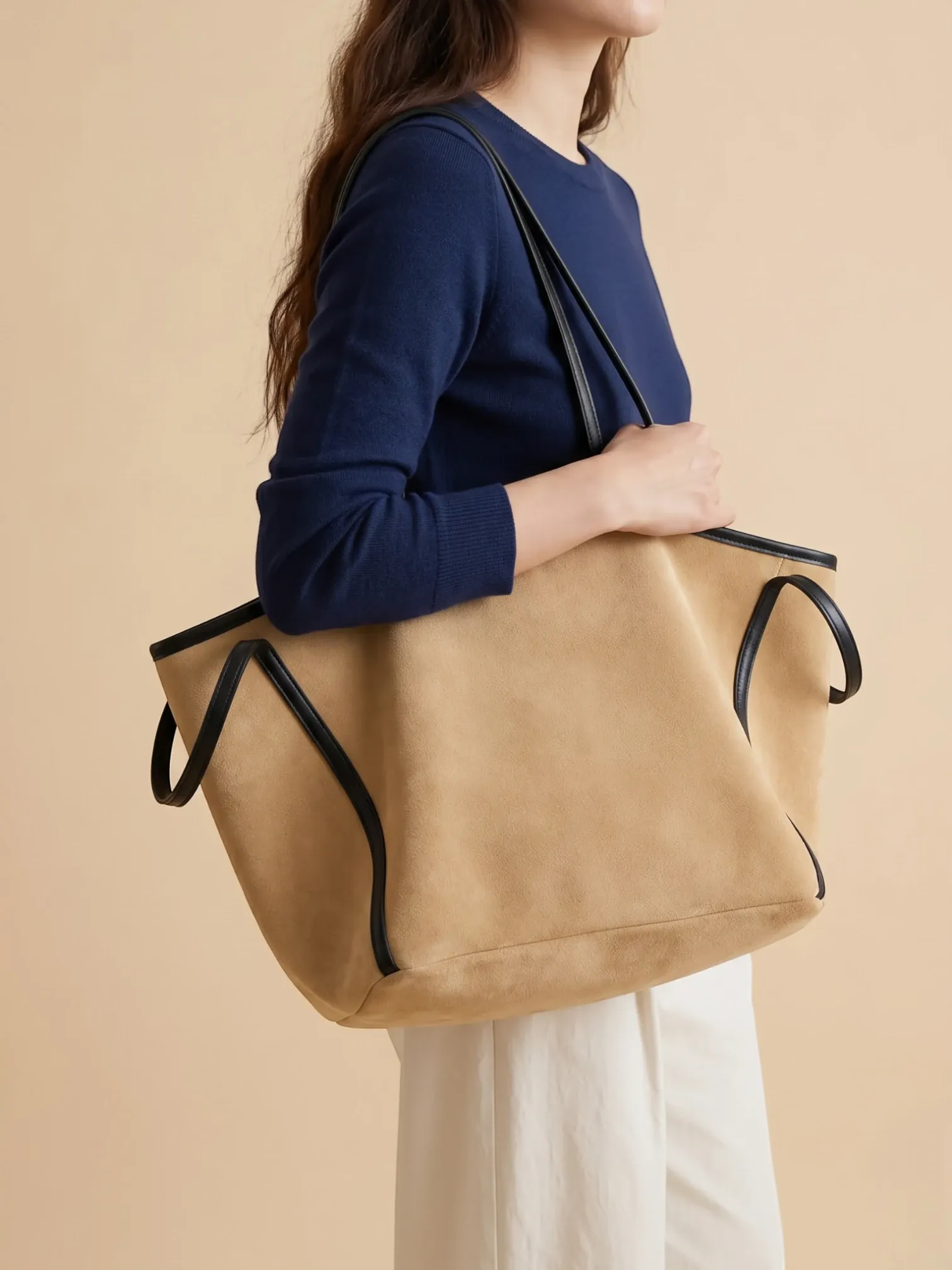 Sac de Cours Femme Maxi Cabas Suédine Oversize Beige