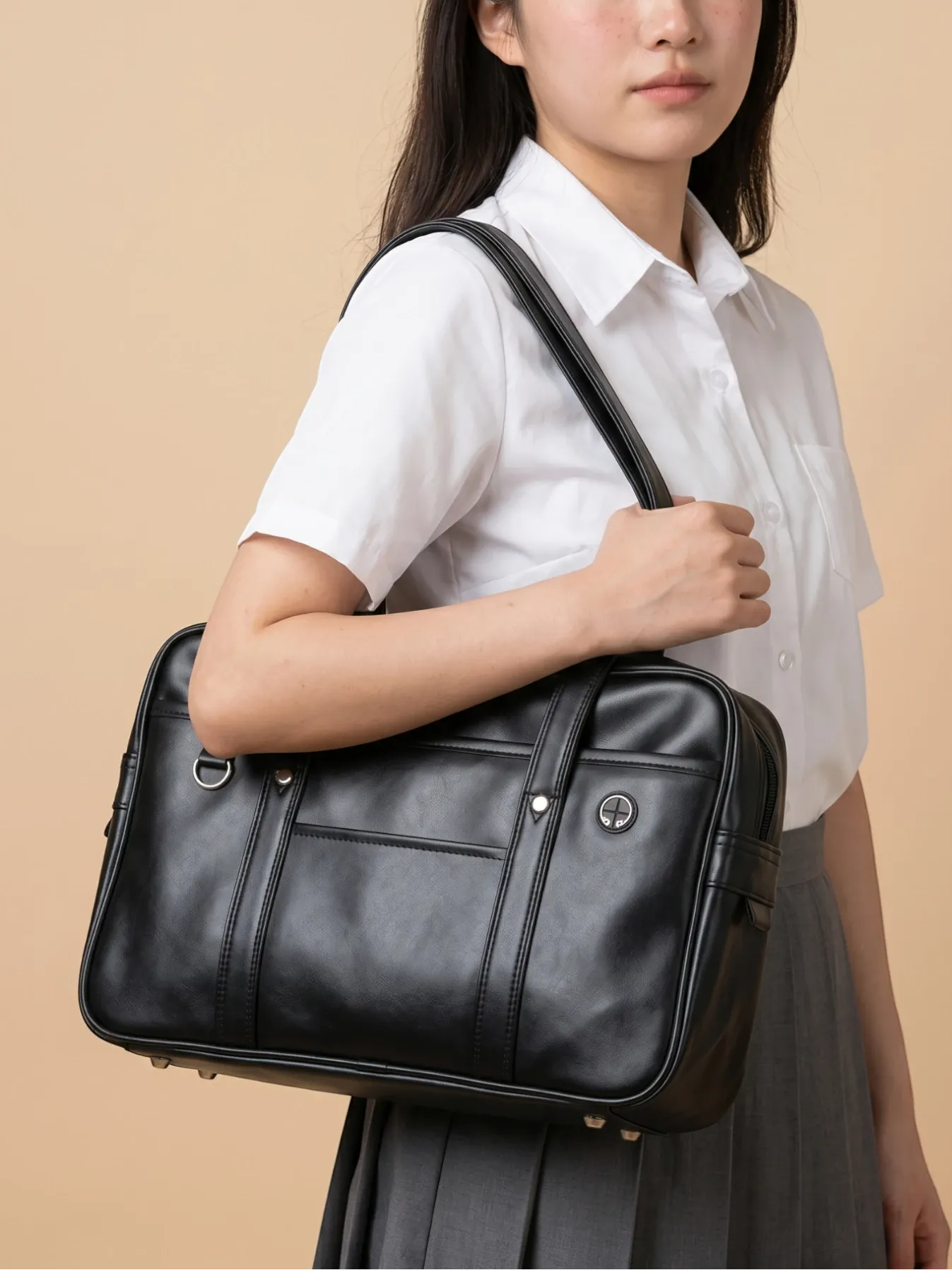 Sac de Cours Japonais en Simili Cuir Noir