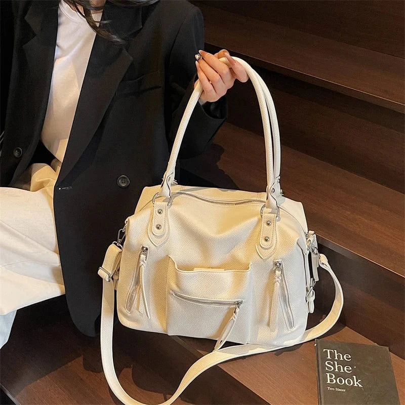 Sac de Cours Luxe Cuir Rice White
