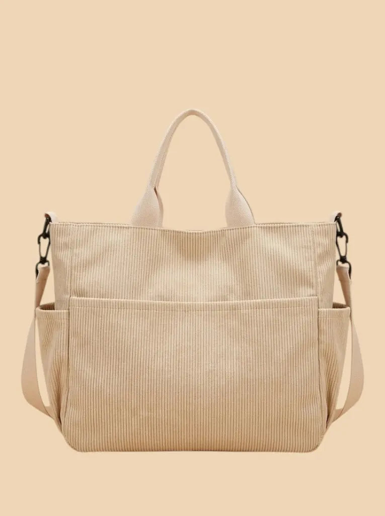 Sac de Cours Multipoches en Velours Beige