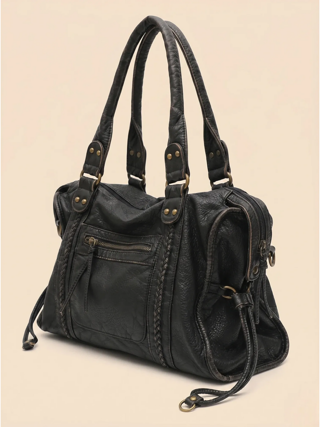 Sac de Cours Vintage en Cuir Grainé Vegan Noir