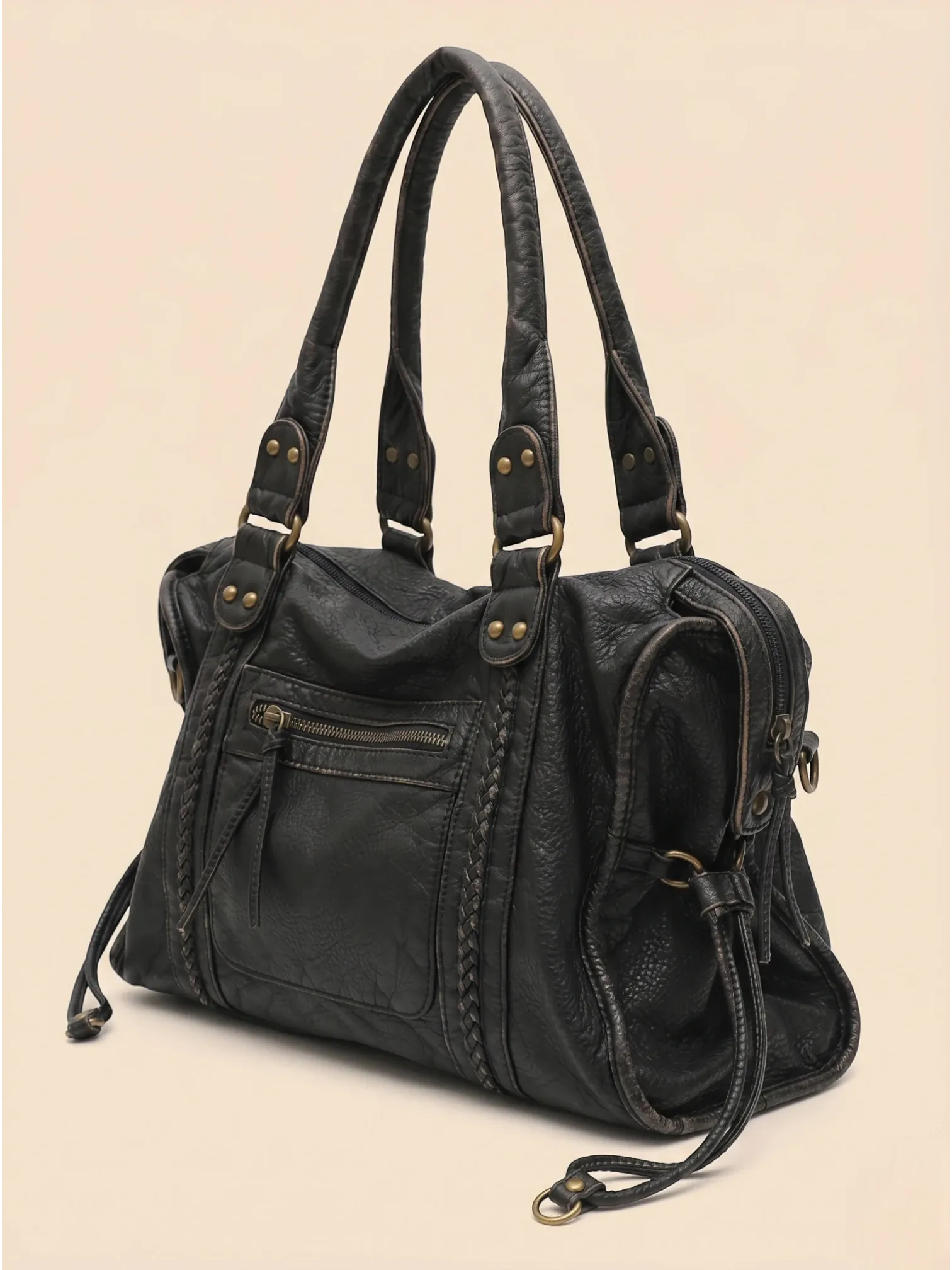 Sac de Cours Vintage en Cuir Grainé Vegan Noir