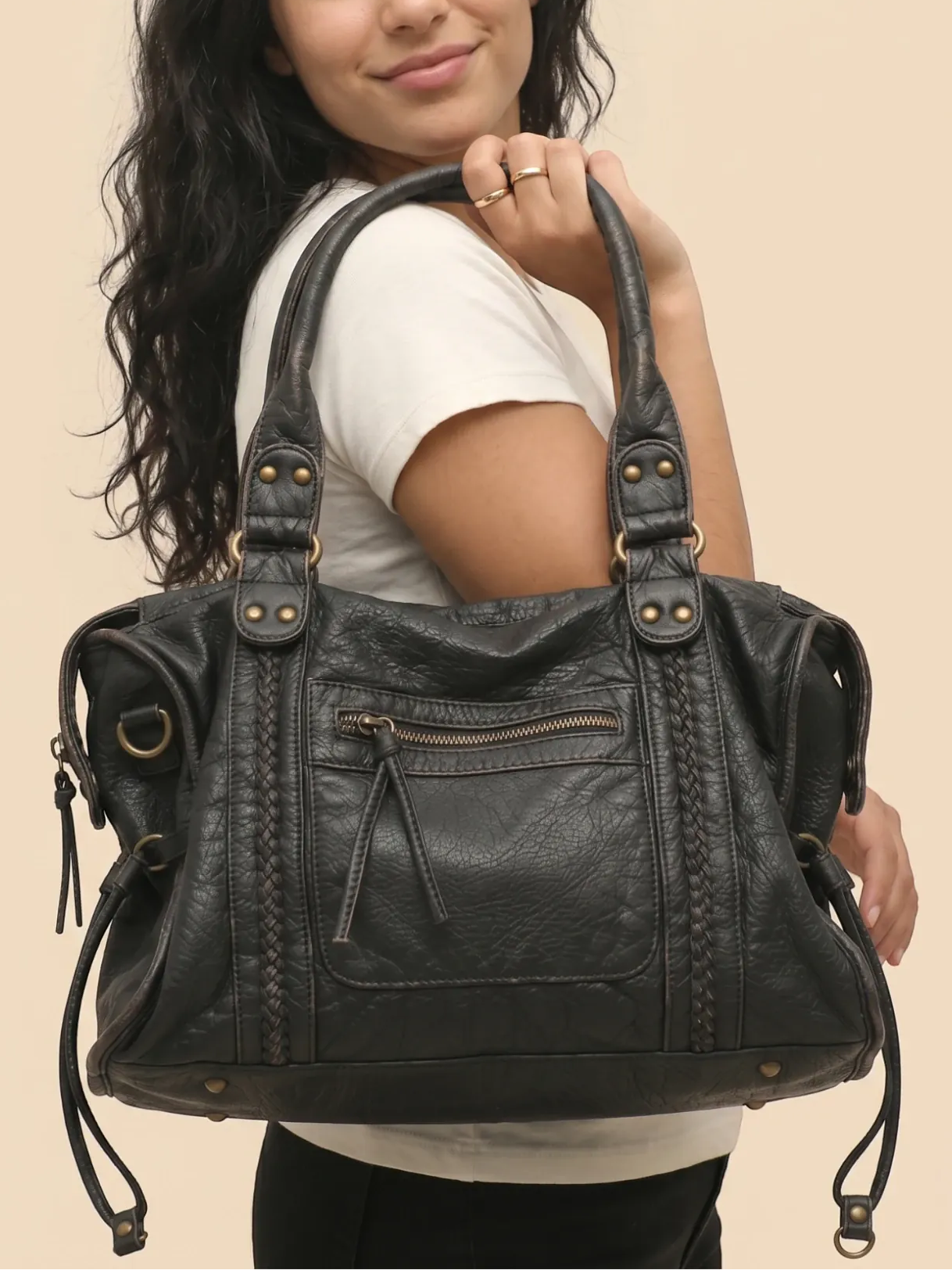 Sac de Cours Vintage en Cuir Grainé Vegan Noir