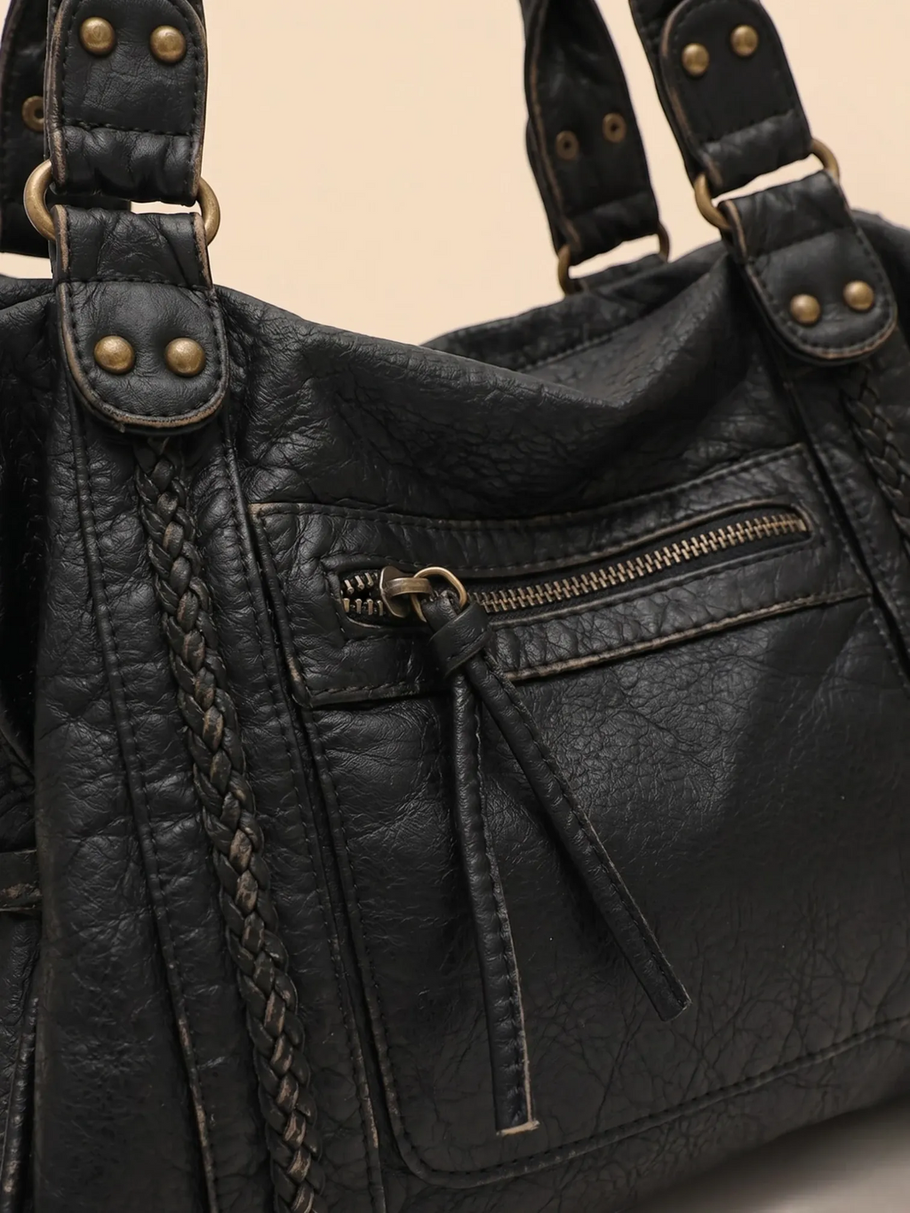 Sac de Cours Vintage en Cuir Grainé Vegan Noir