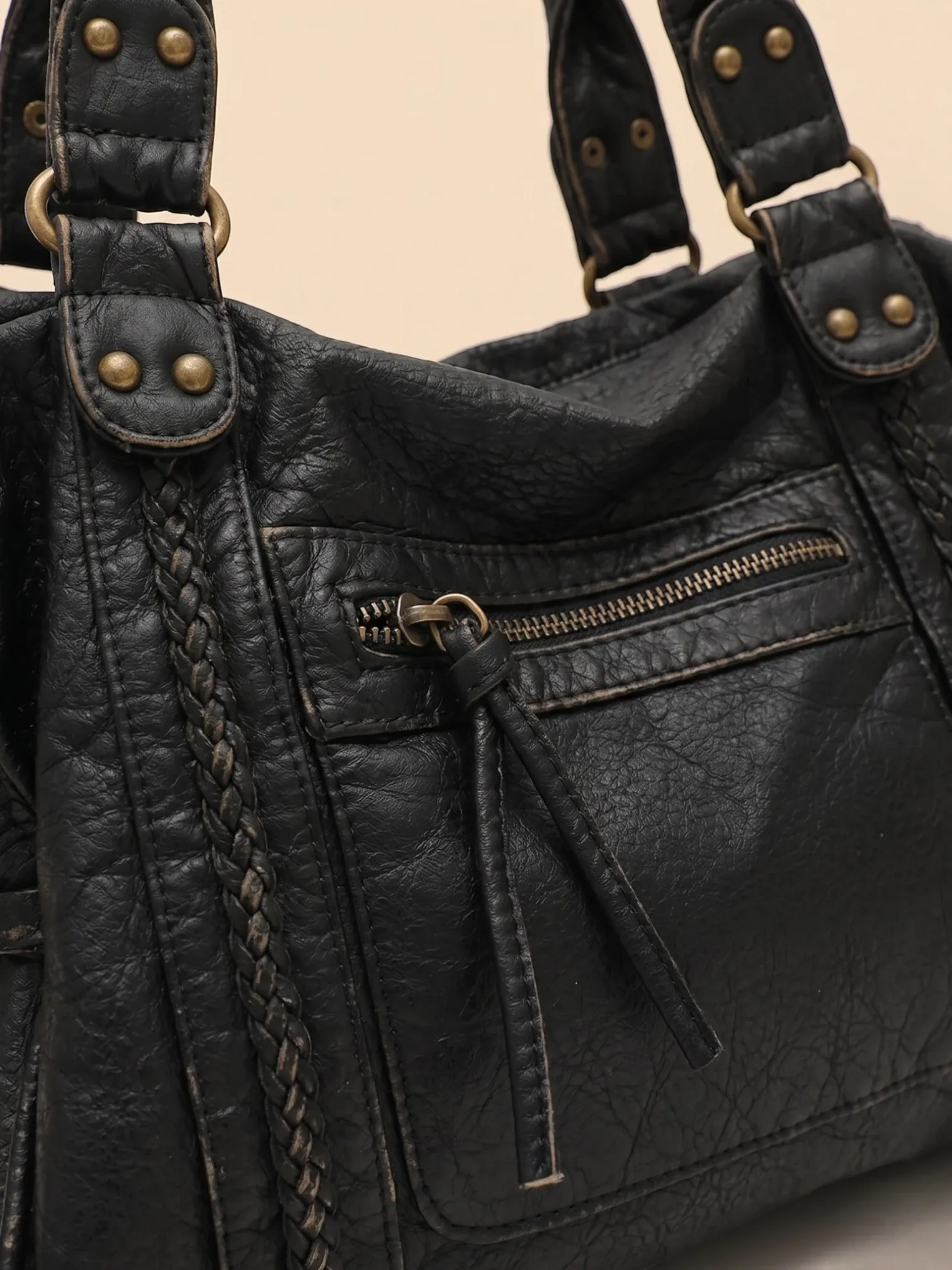 Sac de Cours Vintage en Cuir Grainé Vegan Noir