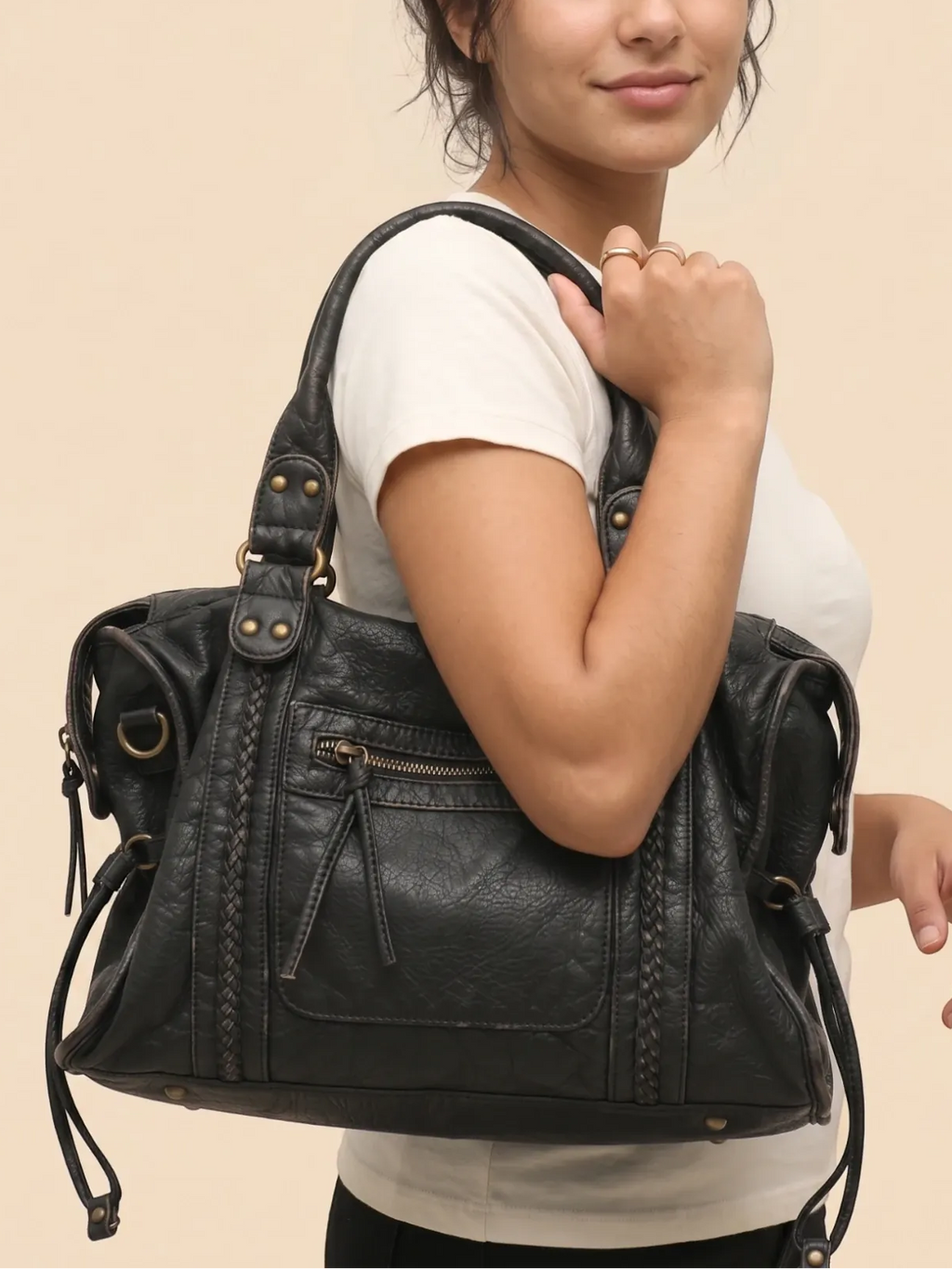 Sac de Cours Vintage en Cuir Grainé Vegan Noir