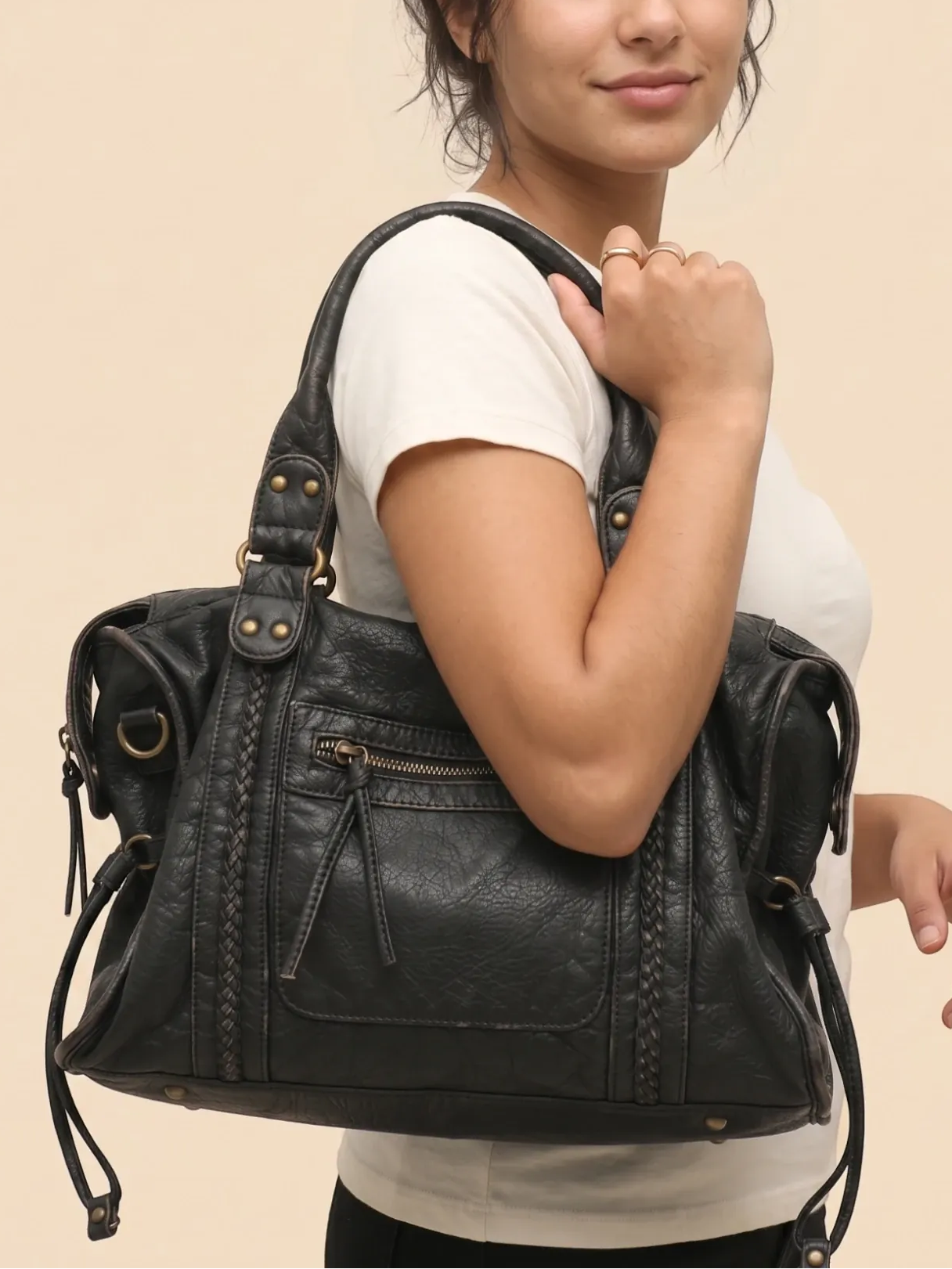 Sac de Cours Vintage en Cuir Grainé Vegan Noir
