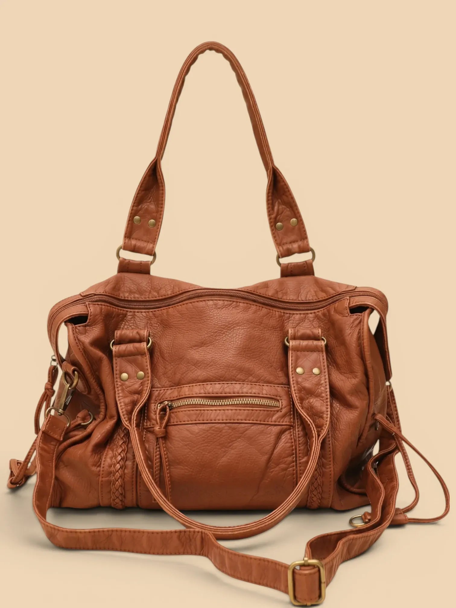 Sac de Cours Vintage en Cuir Grainé Vegan Camel