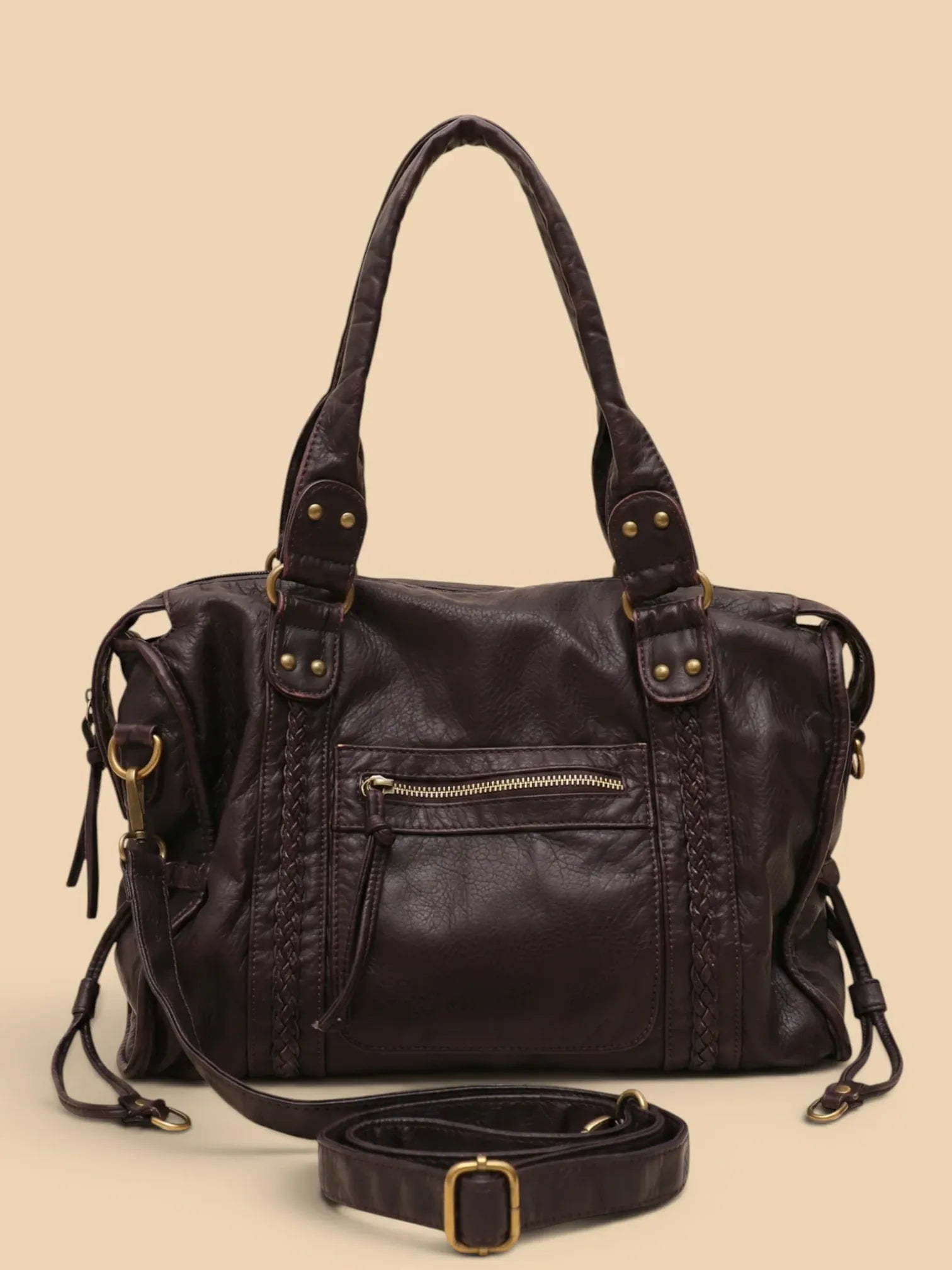 Sac de Cours Vintage en Cuir Grainé Vegan Chocolat