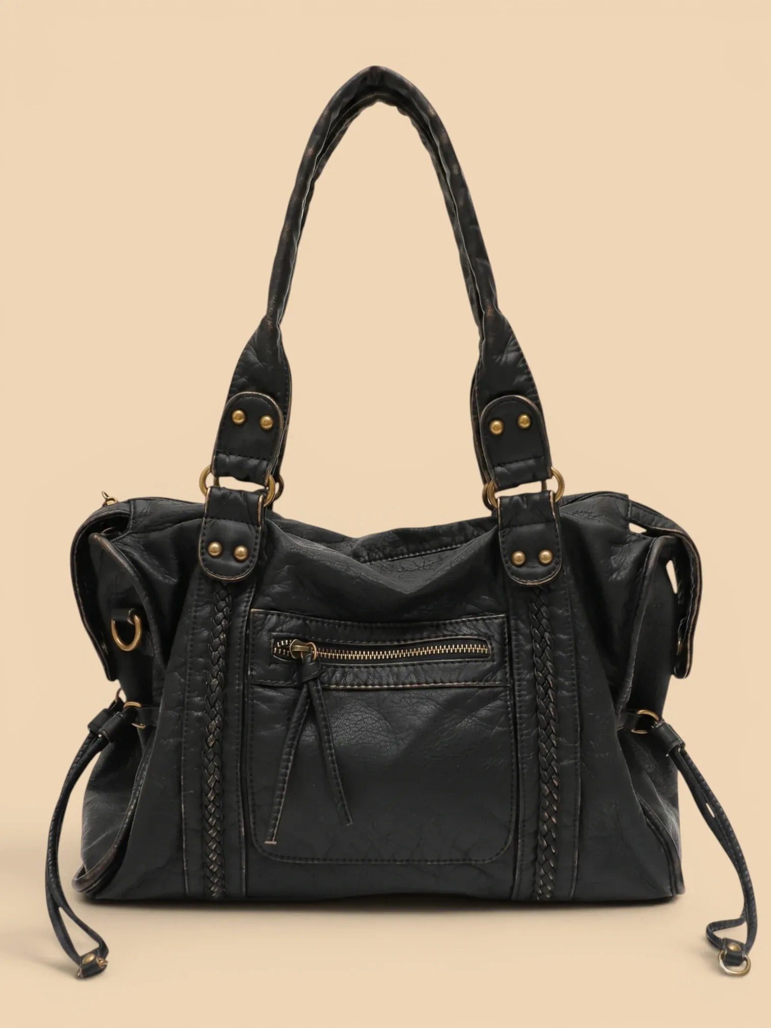 Sac de Cours Vintage en Cuir Grainé Vegan Noir