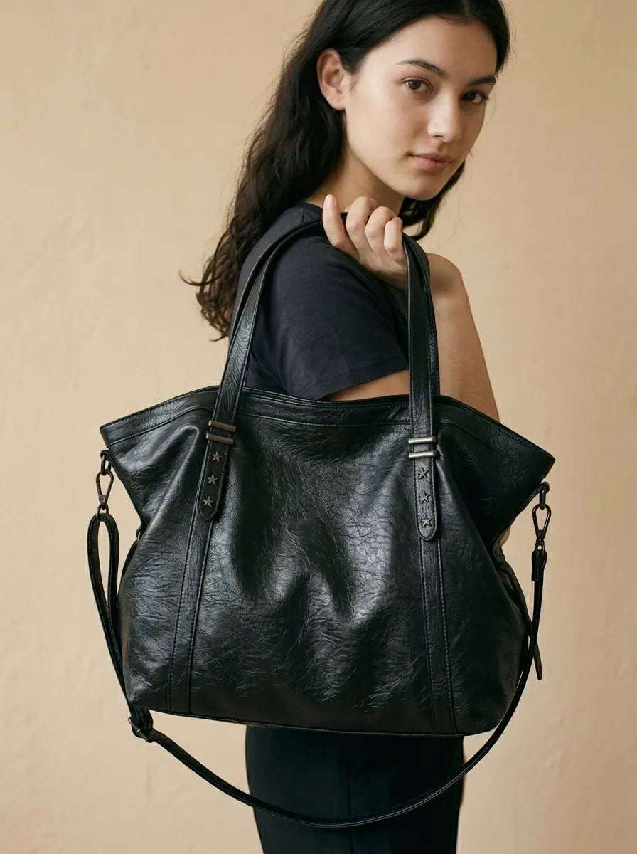 Sac de Cours Vintage en Simili Cuir Noir