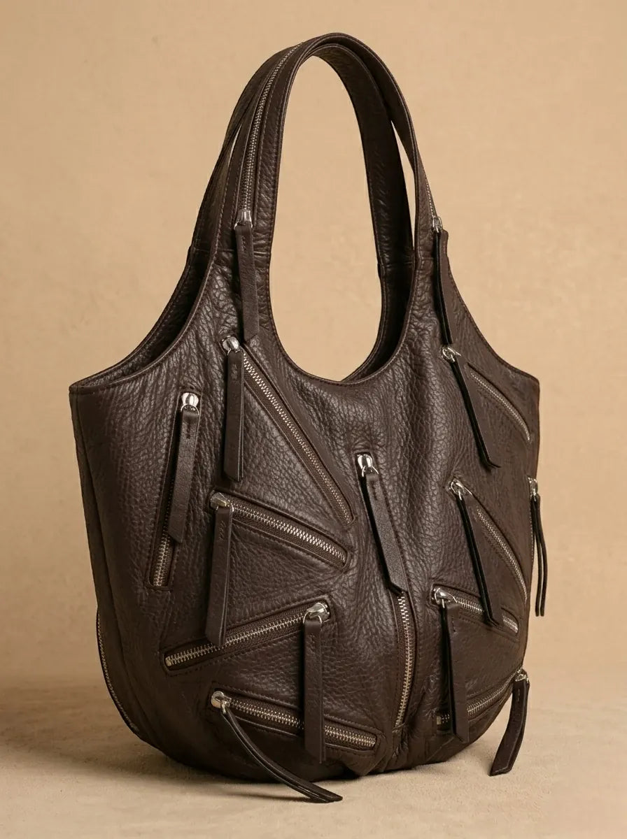 Sac Épaule Vintage Multi-Zippe Café