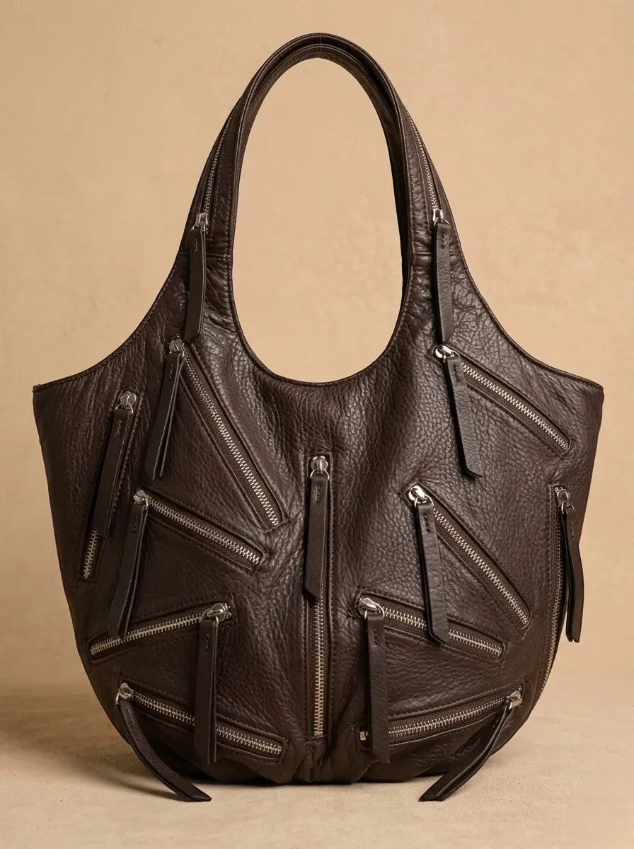 Sac Épaule Vintage Multi-Zippe Café